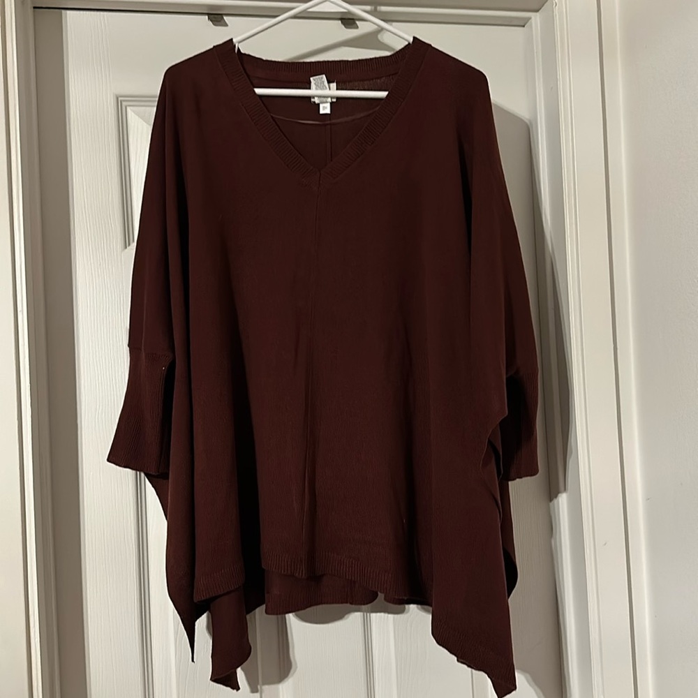 A New Day- Burgundy Dolemam 3/4 sleeve Sweater Side Slit Cape-like OSFM